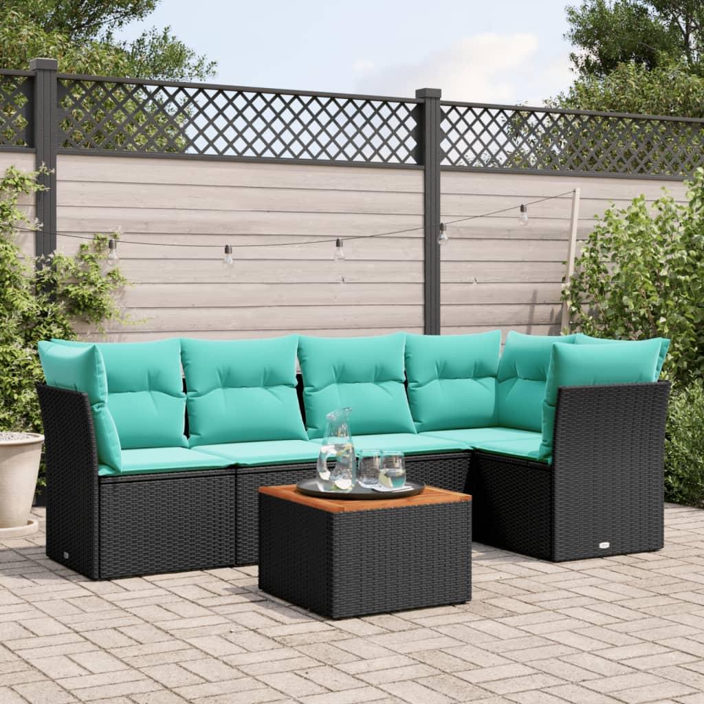 Havesofasæt 6 dele med opbevaring i polyrattan - sort/blå hynder