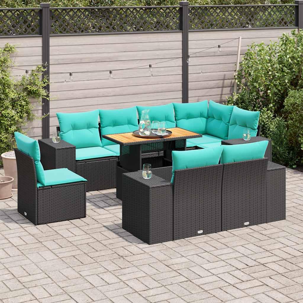 Sofasæt til haven i polyrattan - 9 dele med blå hynder, sort