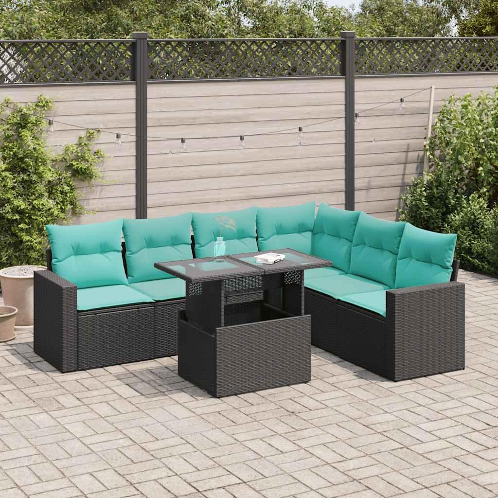Sofasæt til haven 7 dele med hynder i polyrattan og akacietrælook - sort/blå