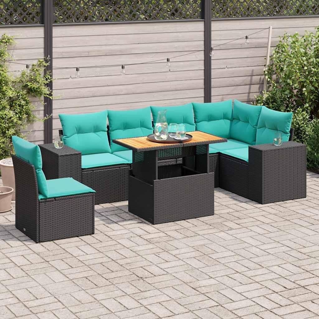 Sofasæt til haven i polyrattan - 7 dele med blå hynder, sort