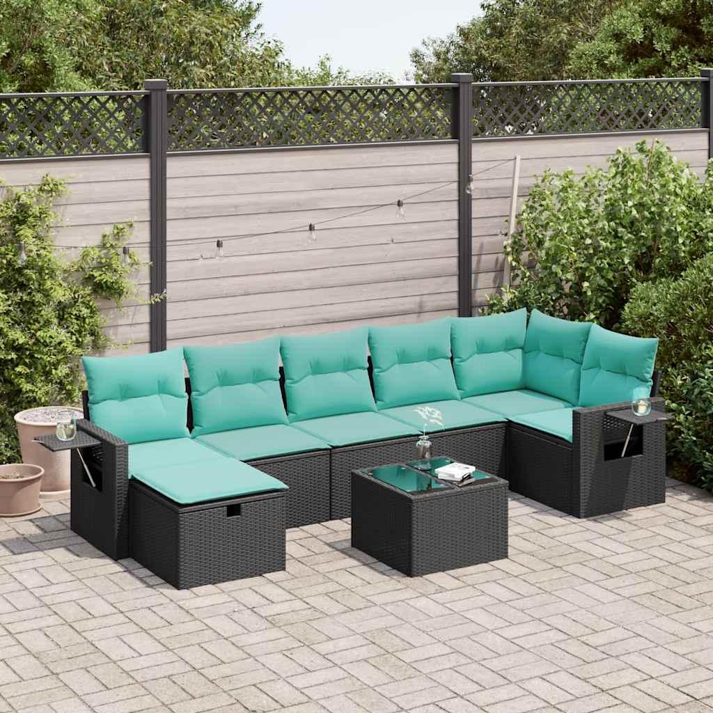 Havesofasæt i polyrattan - 8 dele med hynder, sort/blå