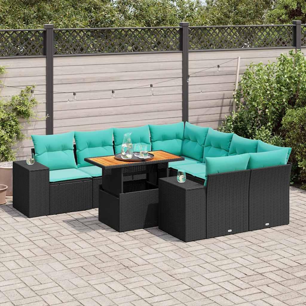 Sofasæt til haven i polyrattan - 9 dele med hynder, sort/blå