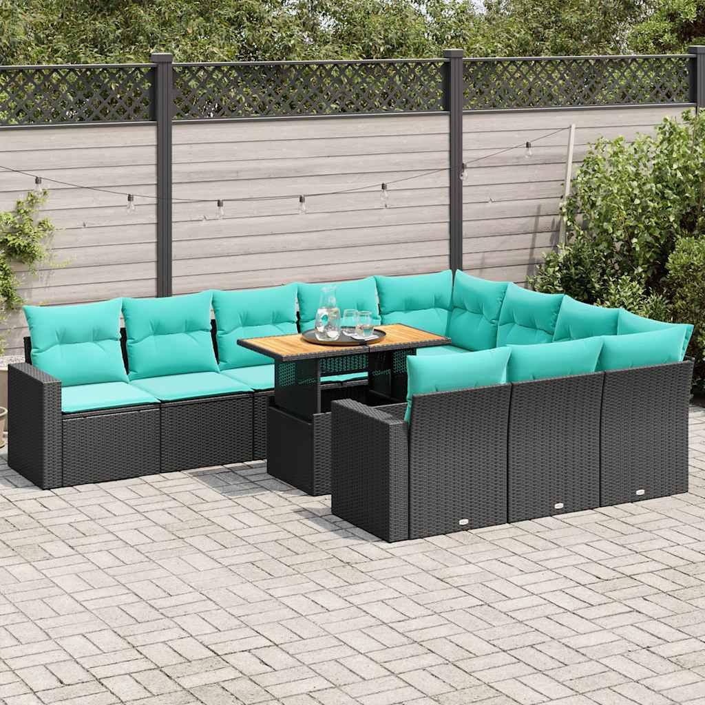 Havesofasæt i polyrattan - 11 dele med hynder, sort/blå