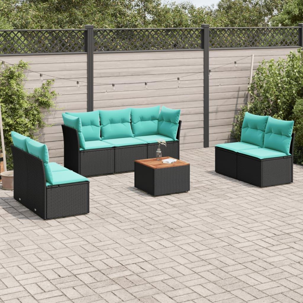 Havesofasæt i polyrattan - 8 dele med hynder, sort/blå