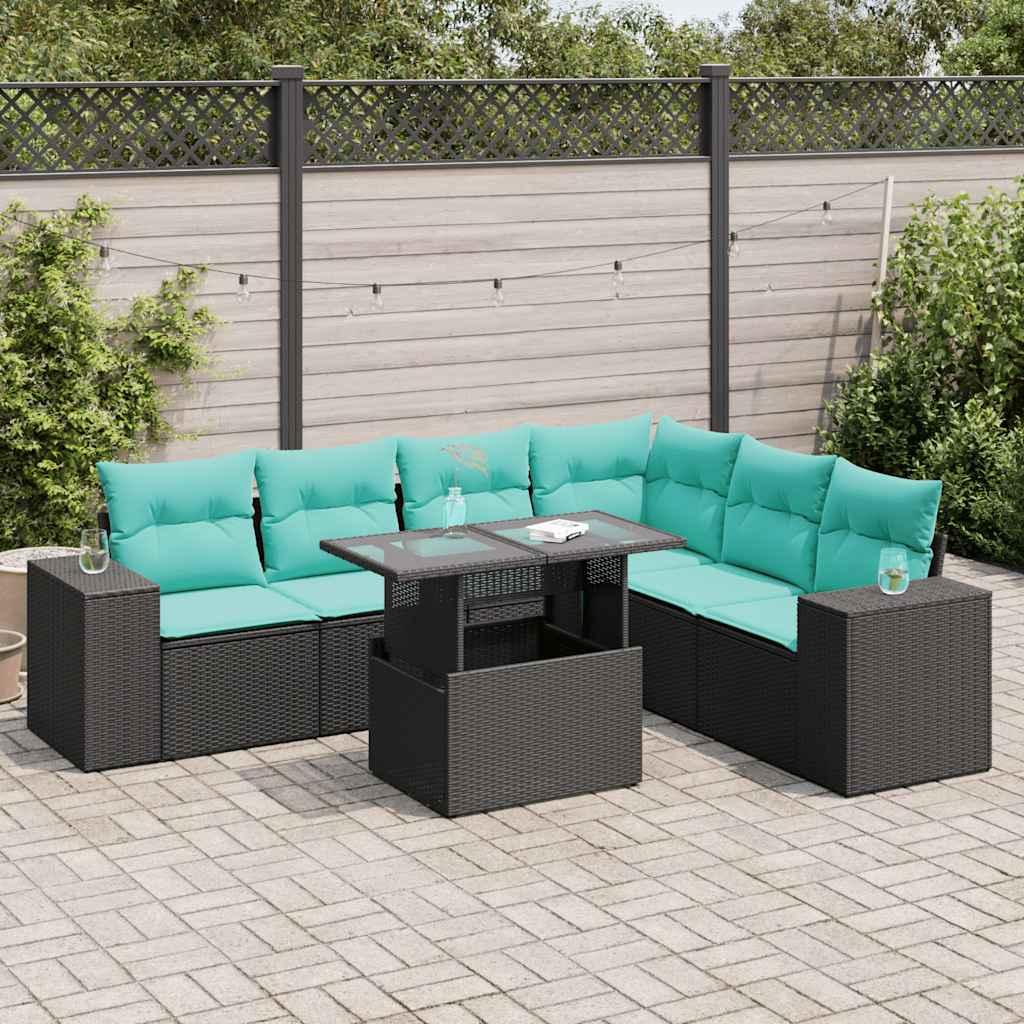 Havesofasæt 7 dele med hynder, opbevaring og bord i sort polyrattan