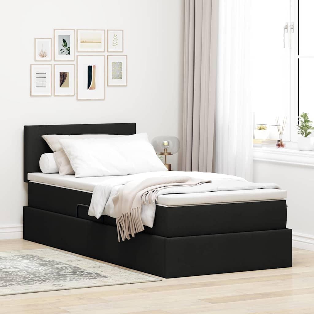 Seng med opbevaring og LED med madras Sort 90 x 190 cm Stof