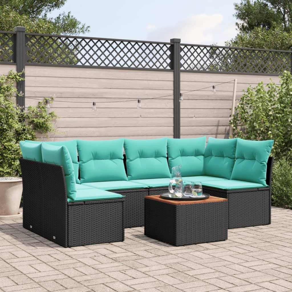 Havesofasæt i polyrattan - 7 dele med hynder og bord, sort/blå