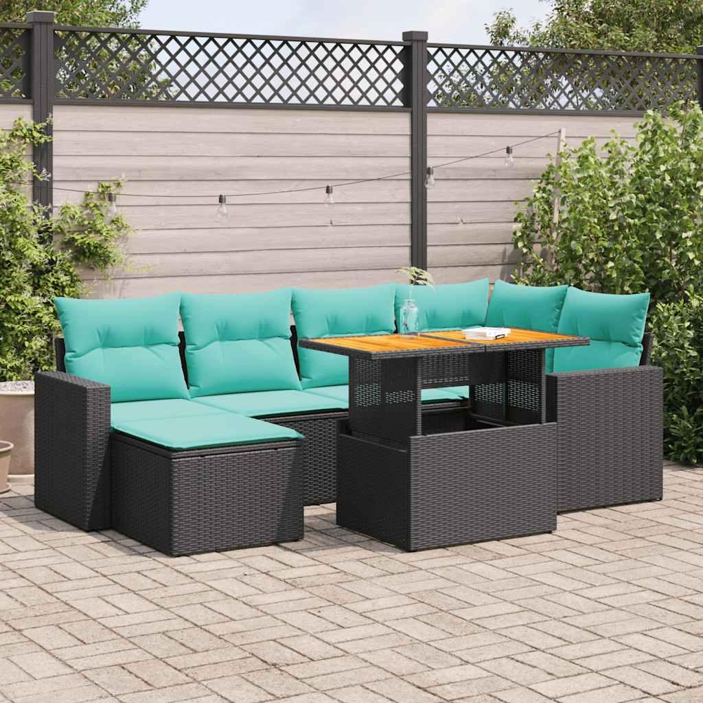 Havesofasæt i polyrattan - 7 dele med hynder, sort/blå