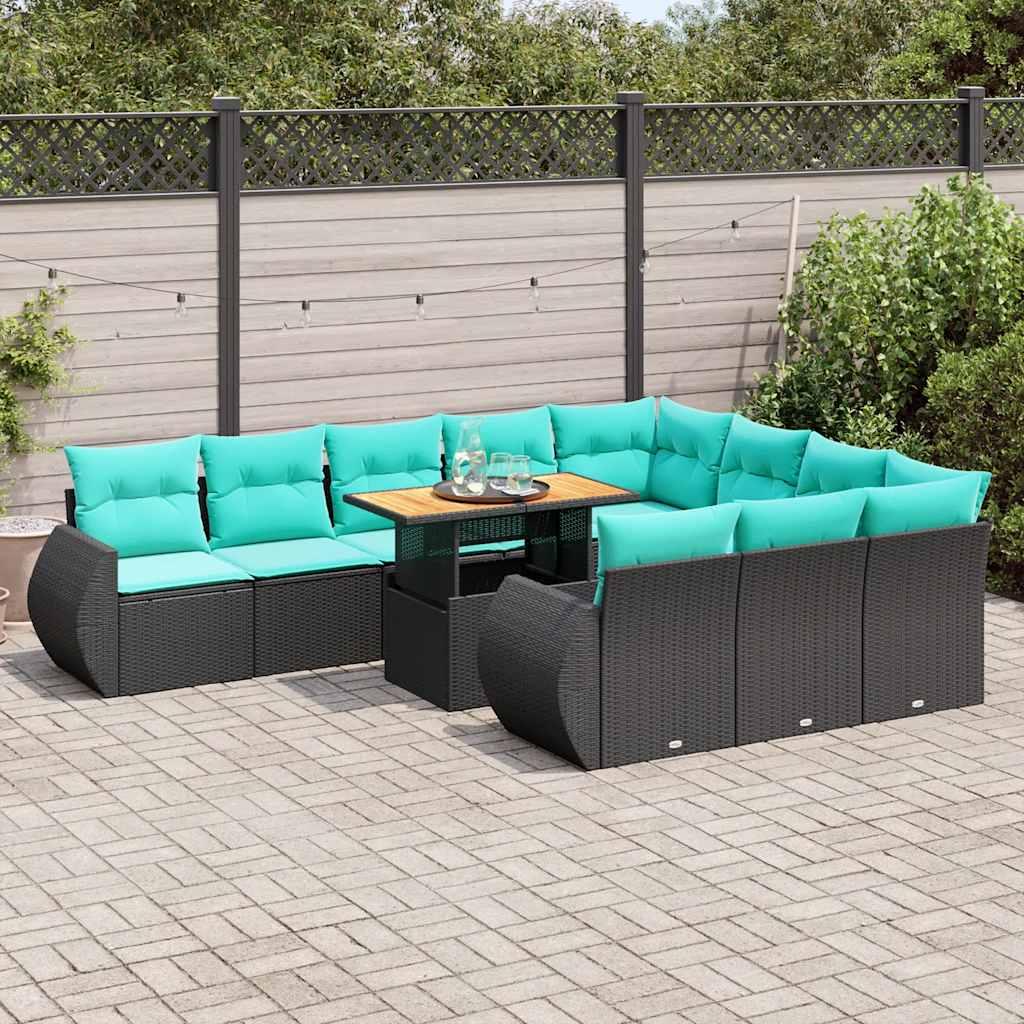 Sofasæt til haven i polyrattan - 11 dele med blå hynder, sort