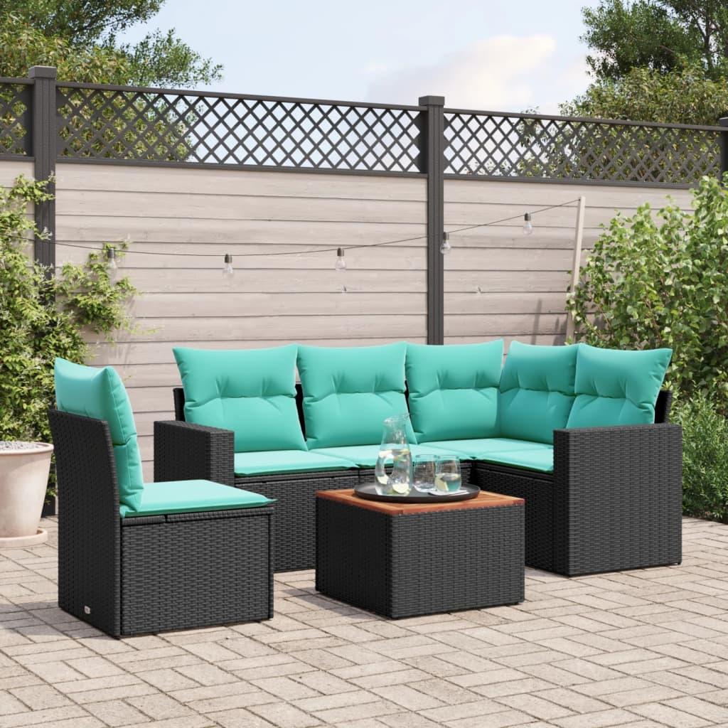 Sofasæt til haven i polyrattan - 6 dele med hynder, sort/blå