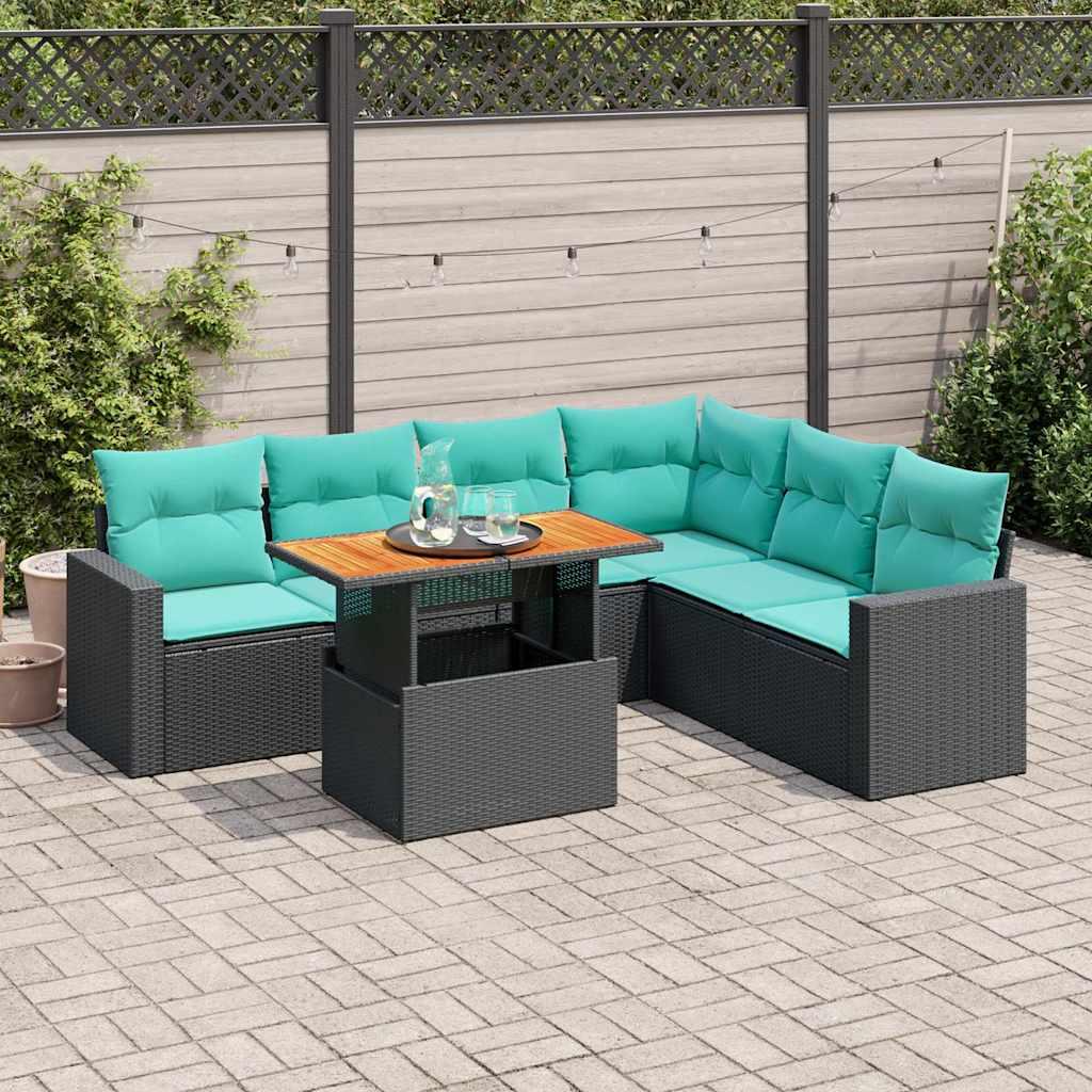 Havesofasæt i polyrattan - 7 dele med hynder, sort/blå
