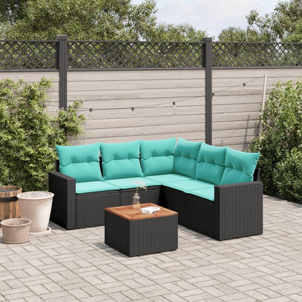 Sofasæt til haven i polyrattan - 6 dele med hynder, sort/blå
