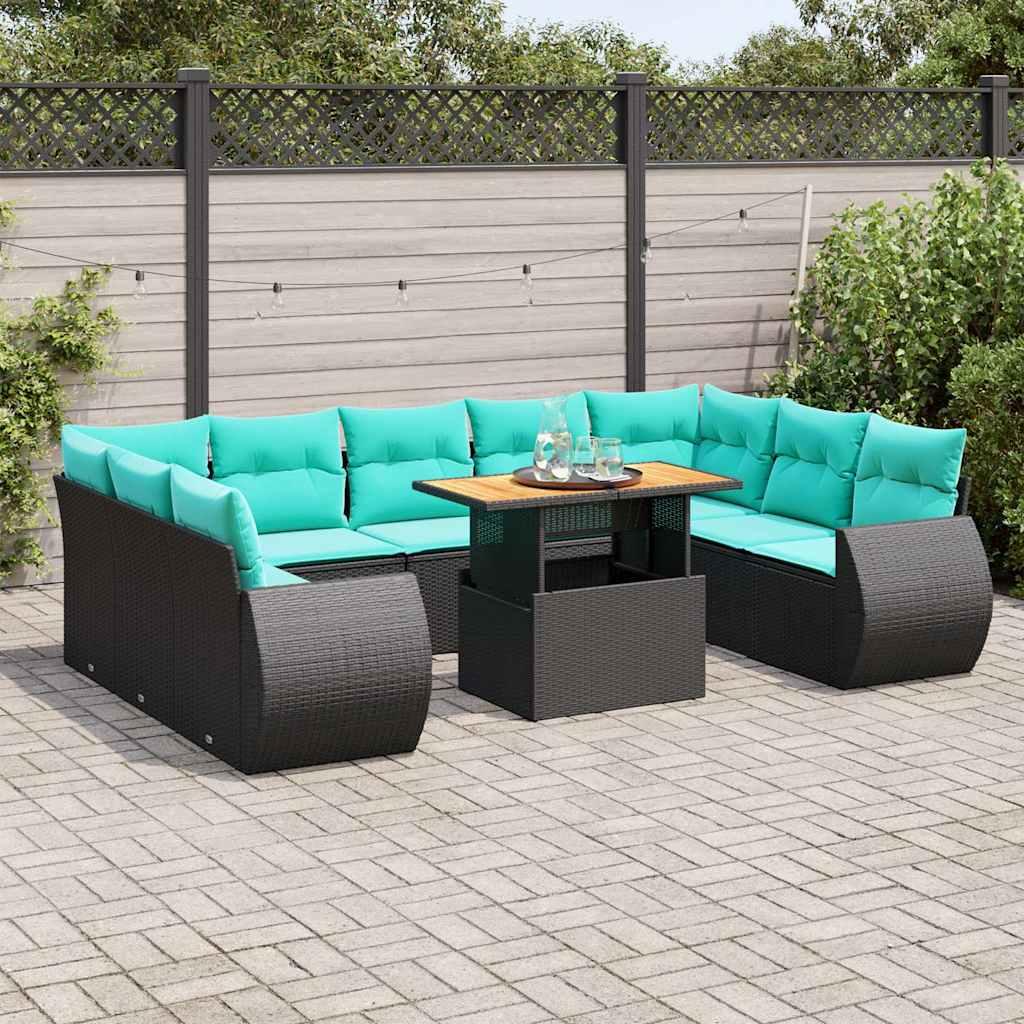Havesofasæt i polyrattan - 10 dele med blå hynder, sort