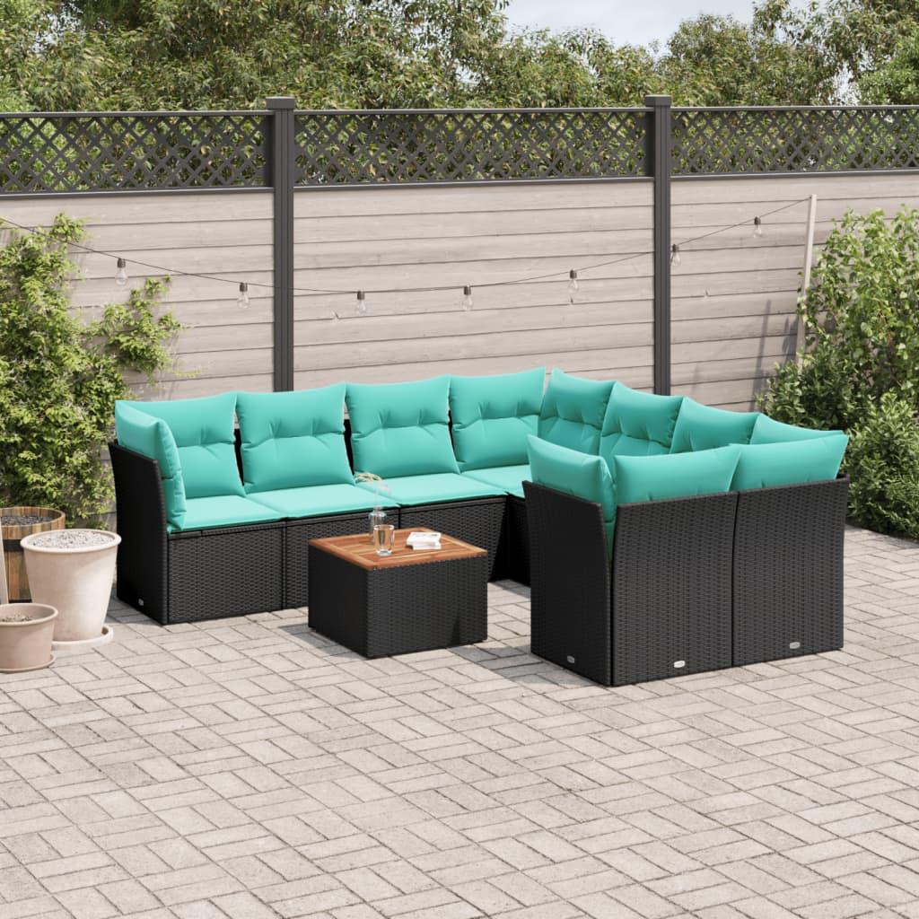 Havesofasæt i polyrattan - 9 dele med blå hynder, sort