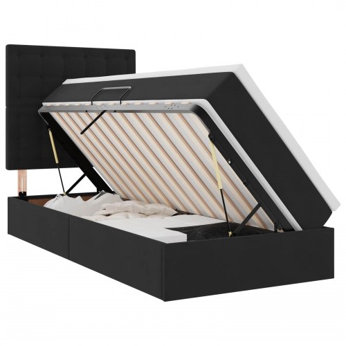 Seng med opbevaring og LED-lys - fløjl, sort, 90 x 200 cm inkl. madras og topmadras