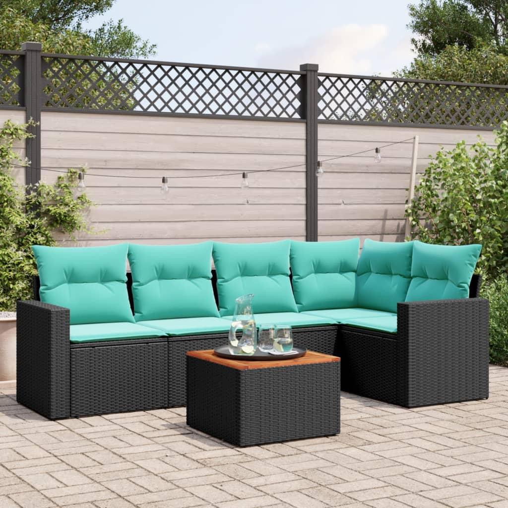 Sofasæt til haven i polyrattan - 6 dele med hynder, sort/blå