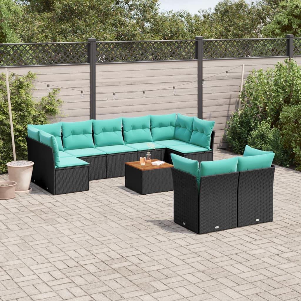 Havesofasæt i polyrattan - 10 dele med hynder, sort/blå