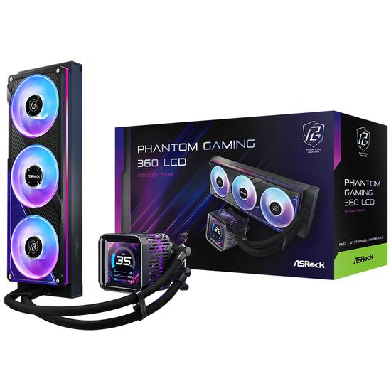 ASRock Phantom Gaming 360 LCD AIO væskekøler - 360 mm, 120 mm blæsere, sort billede