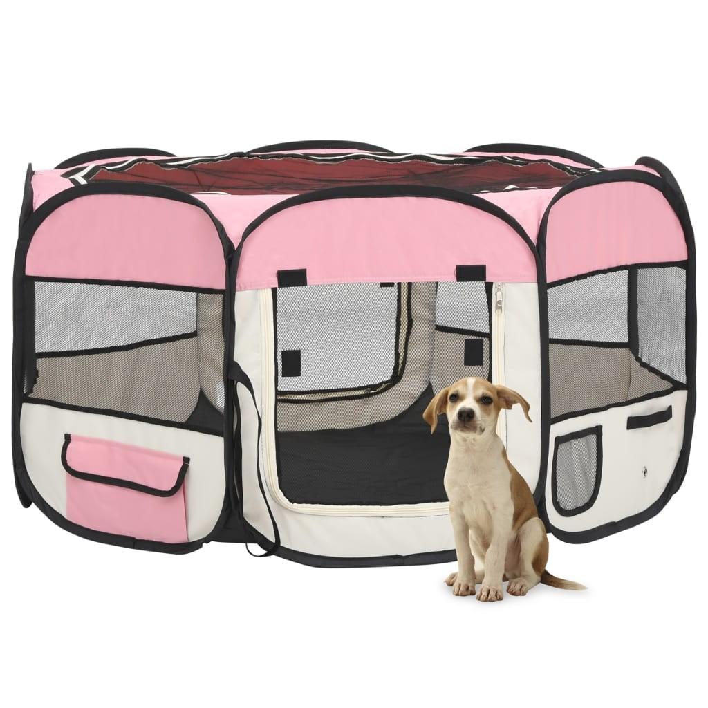 Foldbar hundegård med bæretaske 125x125x61 cm lyserød