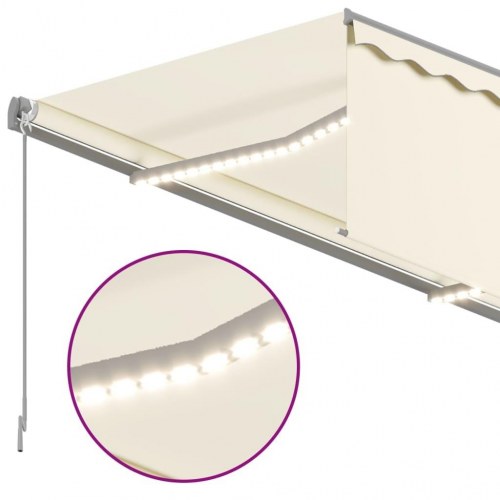 Markise med gardin og LED, 3 × 2,5 m - manuel, cremefarvet
