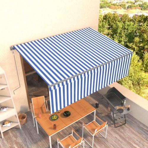 Markise med gardin 4×3 m - automatisk betjening, blå/hvid