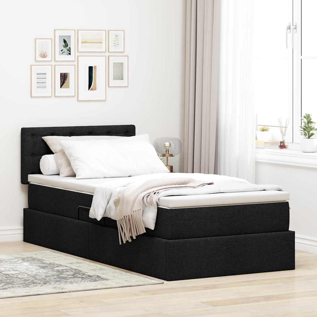 Seng Med Opbevaring Og Led Med Madras Stof - Sort / 100 x 200 cm / Knapper