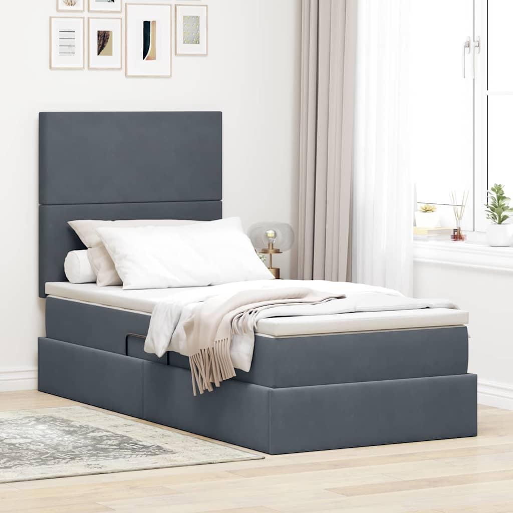 Seng Med Opbevaring Og Led Med Madras Fløjl - Mørkegrå / 90 x 200 cm / Med ensartet mønster
