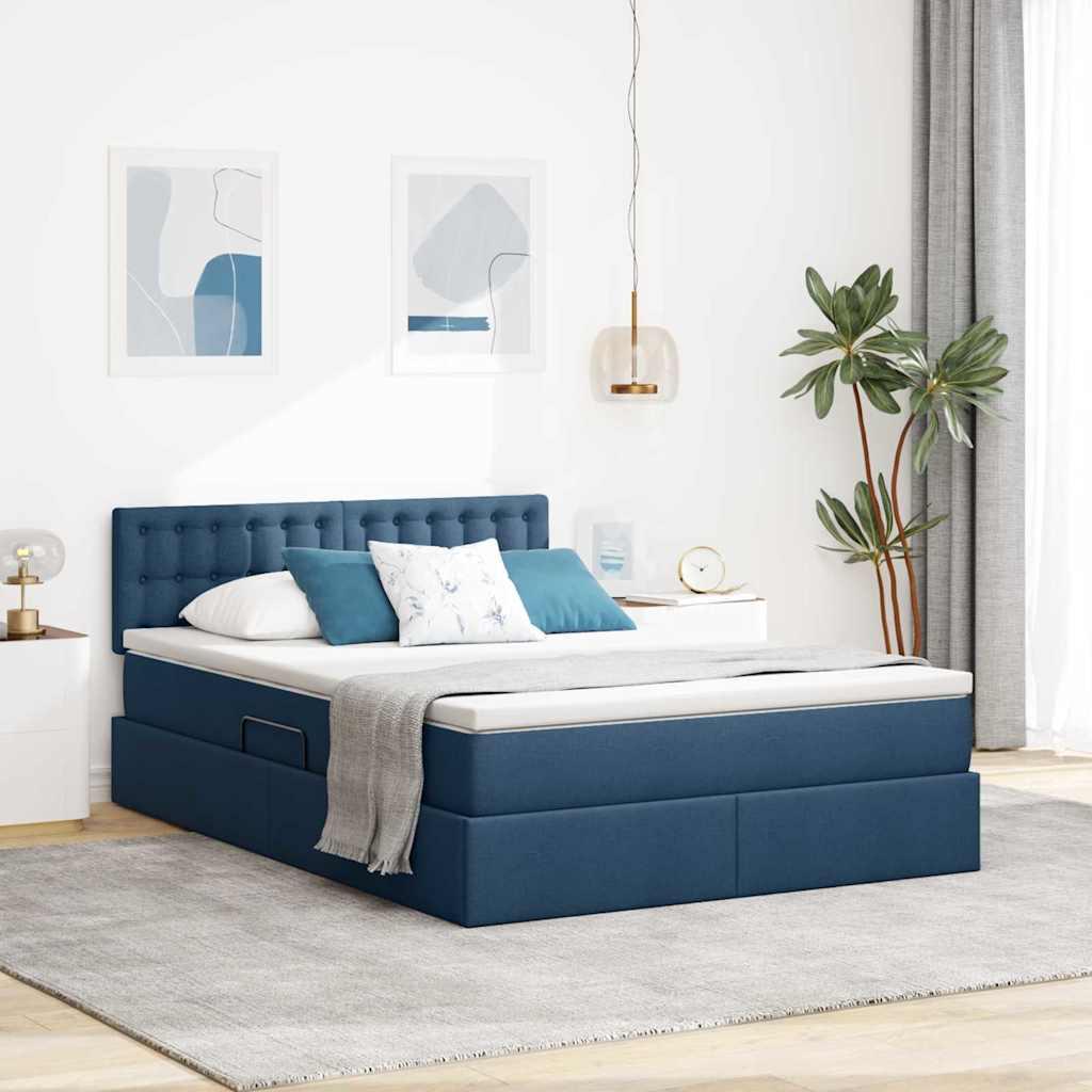 Seng med opbevaring og madras - blå 140 x 200 cm, konstrueret træ