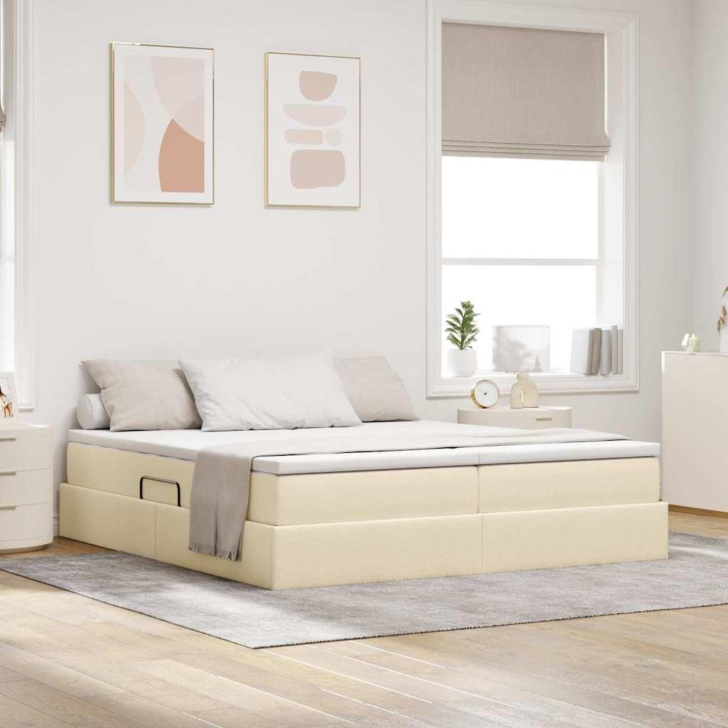 Opbevaringsseng med hydraulisk løft og madras - creme 180 x 200 cm, polyester