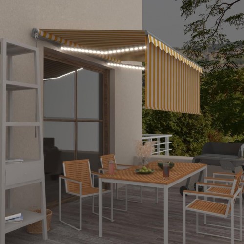 Markise med gardin og LED - manuel 3 × 2,5 m, gul/hvid