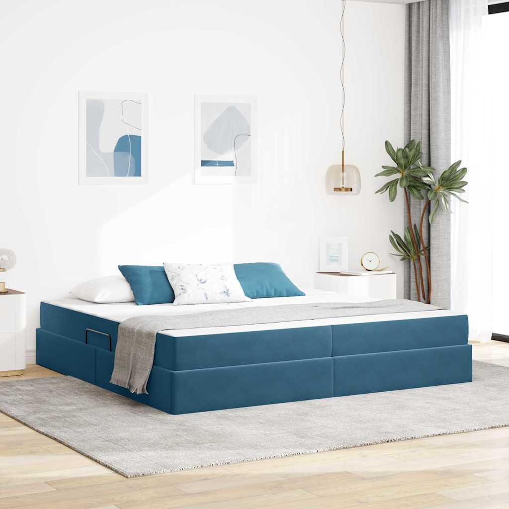 Seng med opbevaring og madras Mørk blå 200 x 200 cm Fløjl