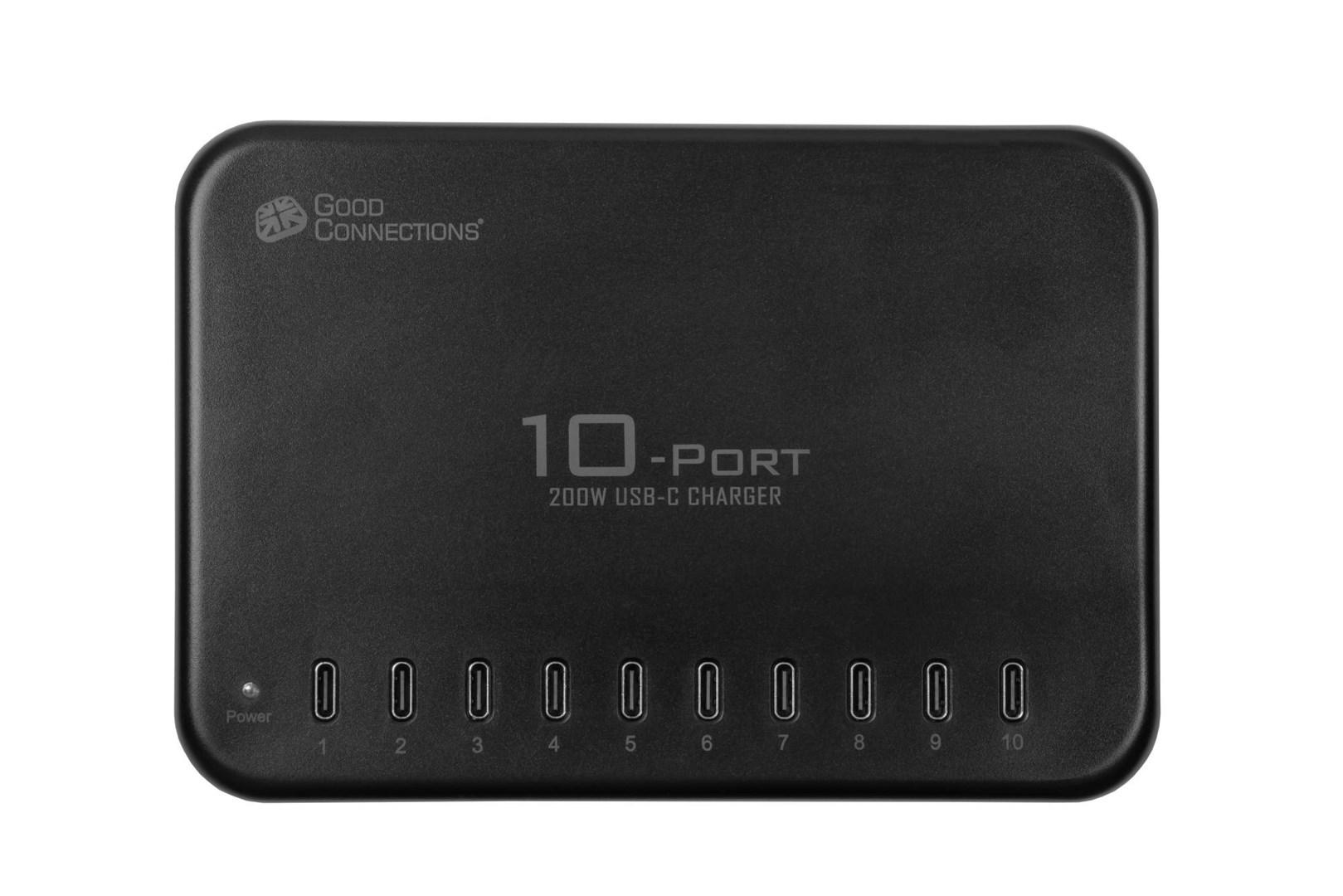10-port USB-C bordoplader 200 W - hurtig opladning, sort