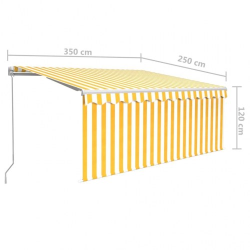 Markise med gardin 3,5×2,5 m - manuel betjening, gul/hvid stribet
