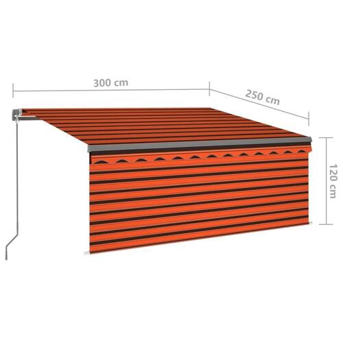 Markise m. gardin 3x2,5 m manuel betjening orange og brun