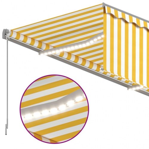 Markise m. gardin+LED+vindsensor 4x3 m automatisk gul og hvid