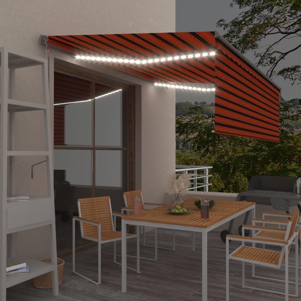 Markise m. gardin+LED+vindsensor 4x3 m automatisk orange/brun