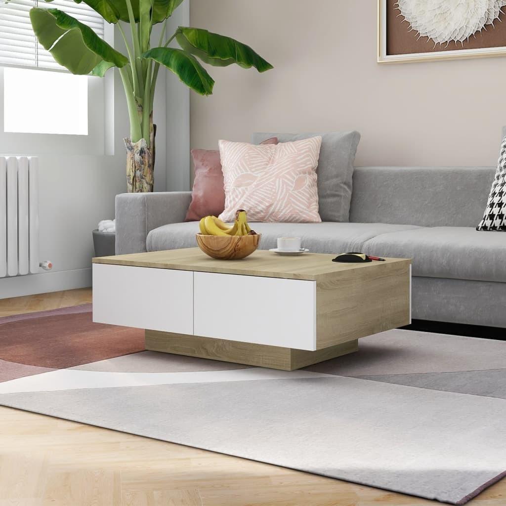 Sofabord 90x60x31 cm konstrueret træ hvid og sonoma-eg