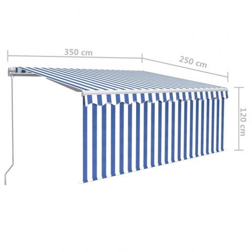 Markise med gardin 3,5 × 2,5 m - manuel, blå/hvid
