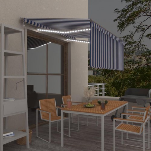 Markise med rullegardin, LED og vindsensor - 3,5 × 2,5 m, blå/hvid