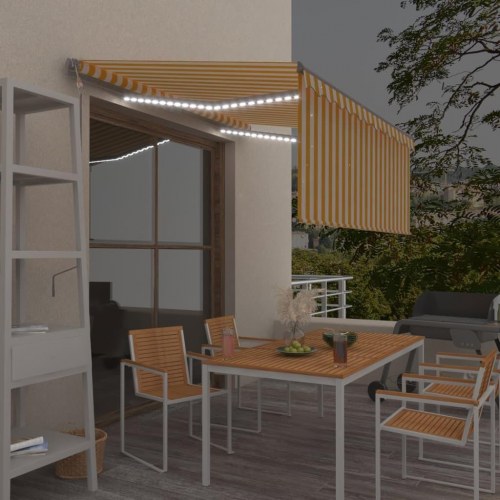 Automatisk markise med rullegardin, LED og vindsensor 3,5 × 2,5 m - gul/hvid