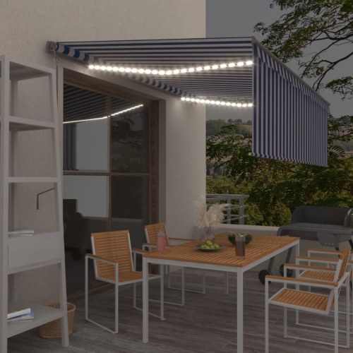 Markise med gardin, LED og vindsensor 4,5×3 m - blå/hvid, automatisk