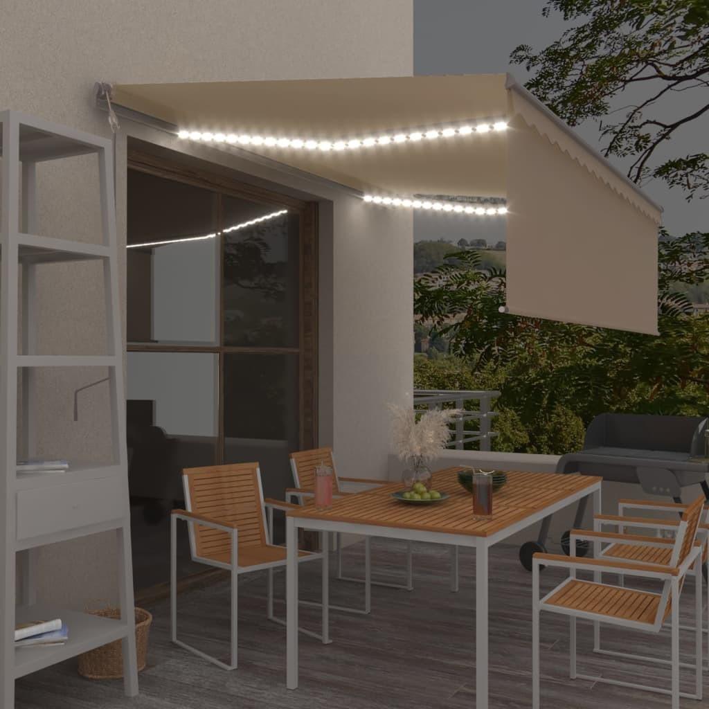 Markise m. gardin+LED+vindsensor 4,5x3 m automatisk cremefarvet