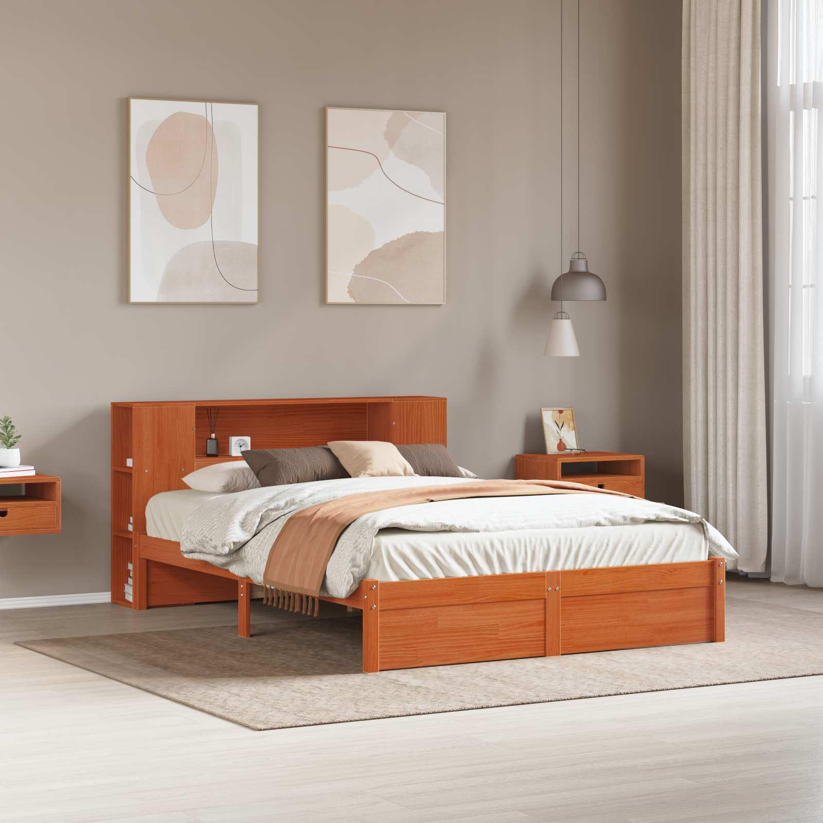 Sengestel med opbevaringshovedgavl Voks brun 140 x 190 cm