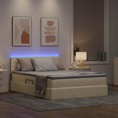 LED opbevaringsseng med madras - creme 140 x 190 cm, stof
