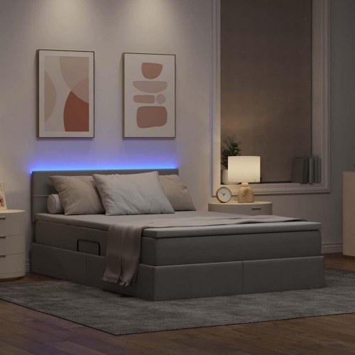 Seng med opbevaring og LED med madras Gråbrun 140 x 190 cm Stof