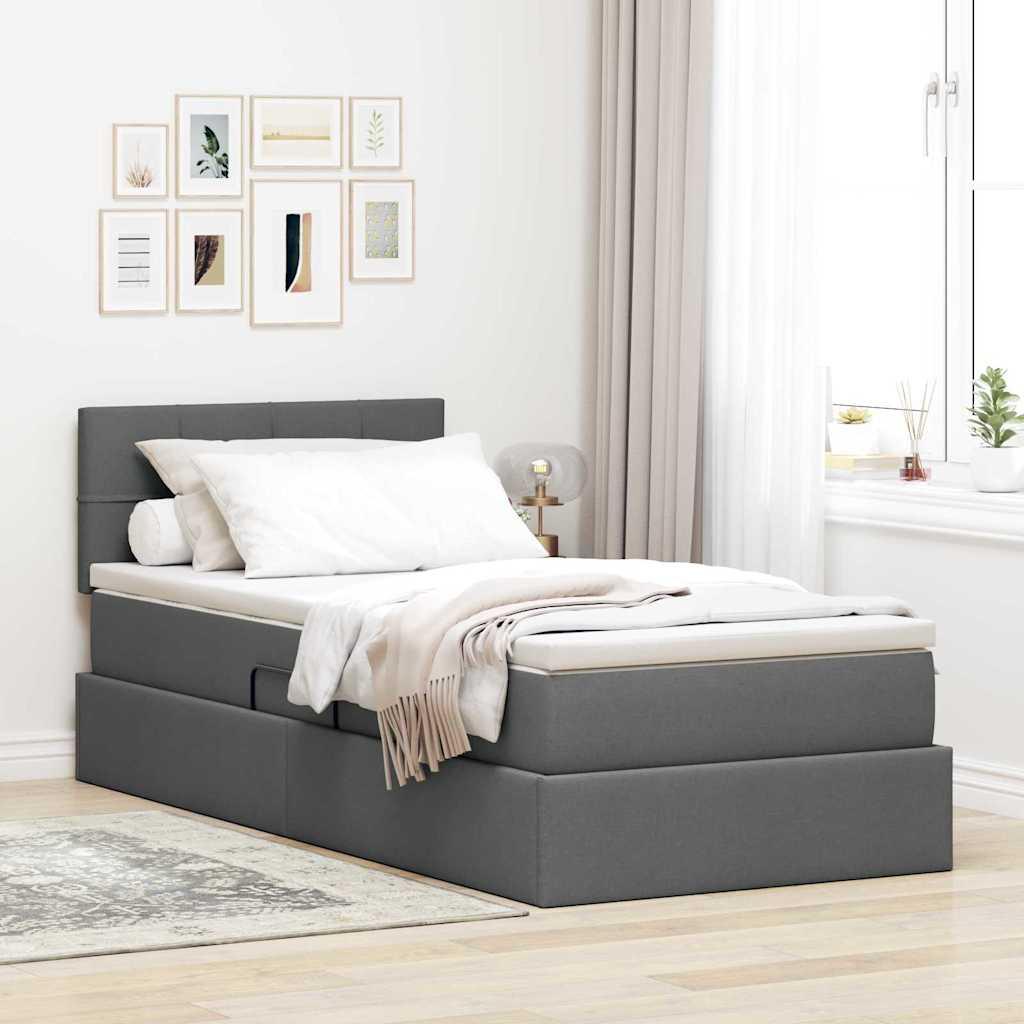 Seng Med Opbevaring Og Led Med Madras Stof - Mørkegrå / 90 x 200 cm / Block med firkanter