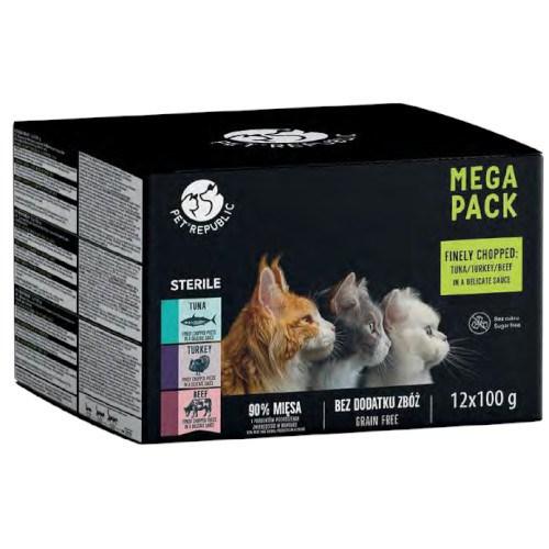 PetRepublic Mega Pack Steril vådfoder til kat, tun/kalkun/okse 12×100 g