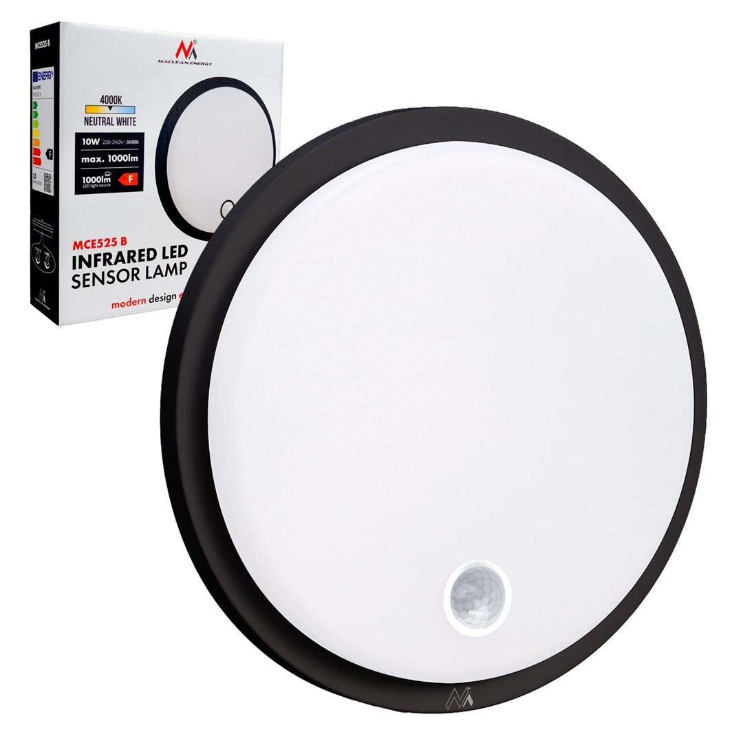 Maclean MCE525 B LED loftlampe med bevægelsessensor, 10 W, IP65, 1.000 lm - sort, neutral hvid
