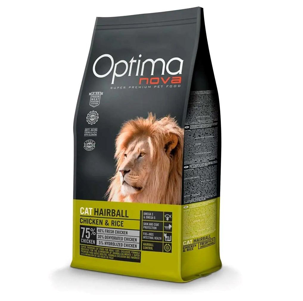 Optimanova Cat Hairball Kylling & Ris – tørfoder til kat, 2 kg