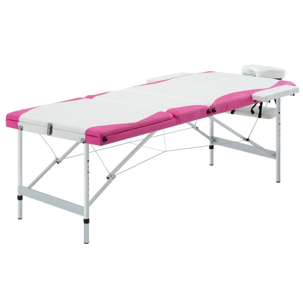 Sammenfoldeligt massagebord aluminiumsstel 3 zoner hvid lyserød